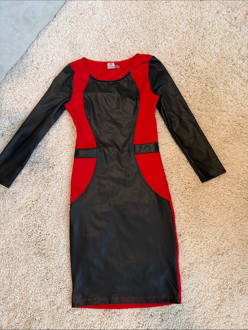 Red and Black Faux Leather Paneled Bodycon Dress small long sleeve midi